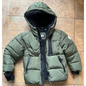 DKNY Olive Green Puffer Jacket Sherpa Lined Hooded Winter Coat